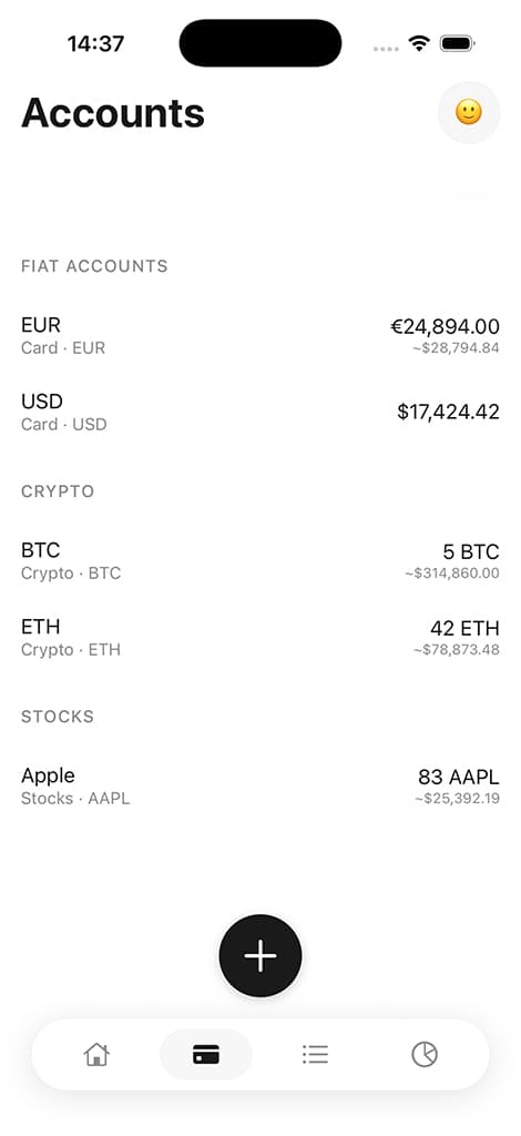 Monlio accounts screen listing fiat, crypto, and stock holdings with balances