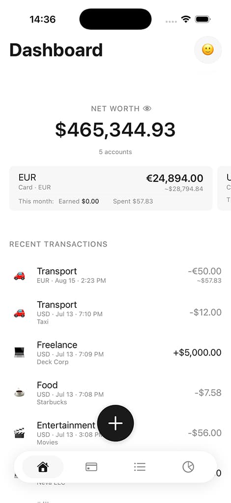 Monlio dashboard showing net worth, swipeable account cards, and recent transactions