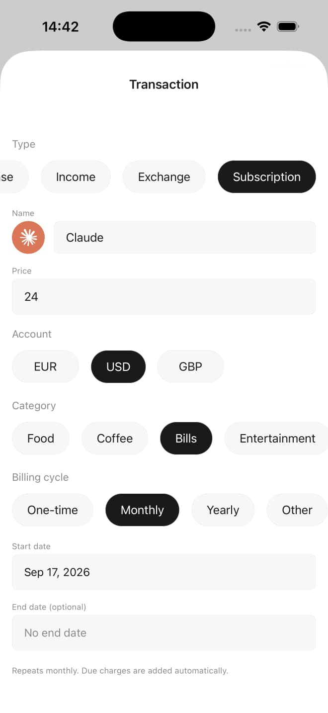 Monlio subscription form with monthly billing, account, category, and start date